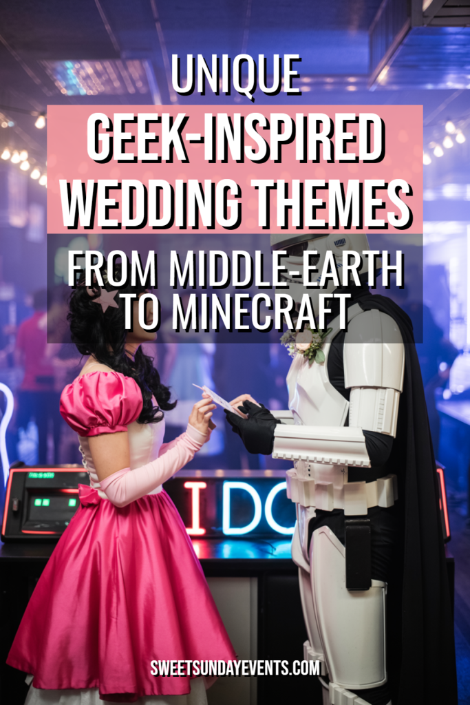 Colorful geek-themed wedding featuring a princess and a stormtrooper celebrating love.