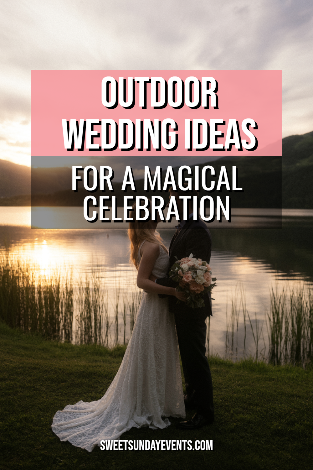 Romantic outdoor wedding couple by serene water at sunset, showcasing elegance and natural beauty.