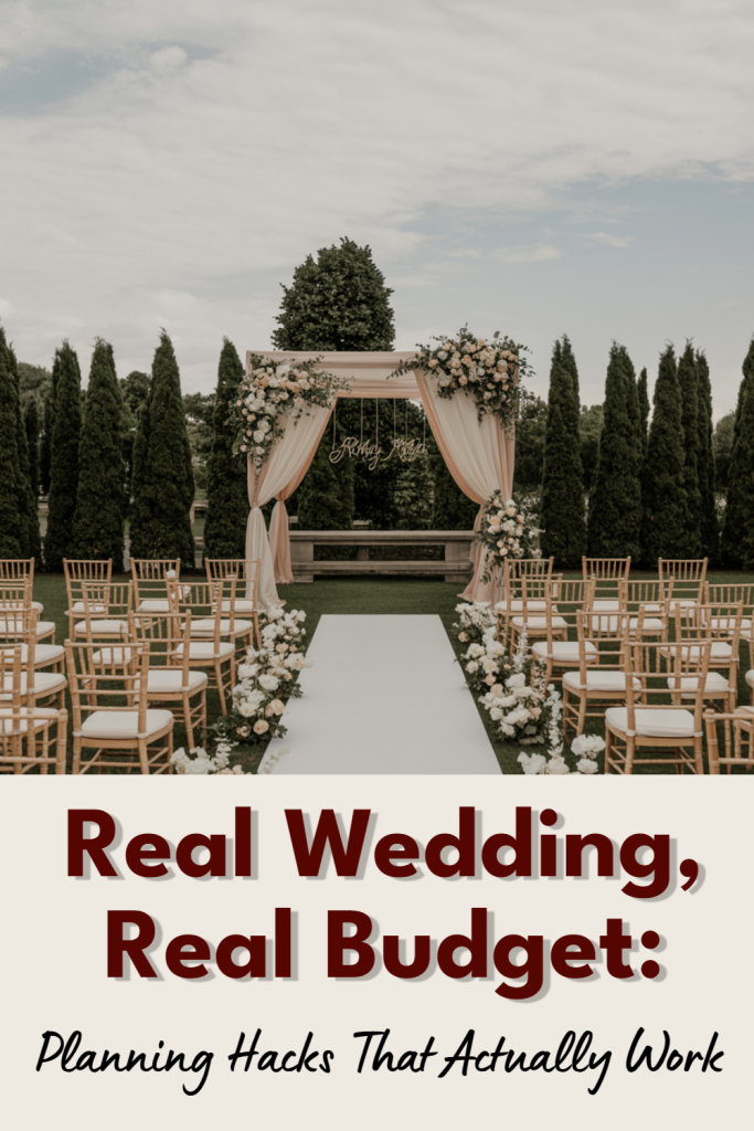 Elegant outdoor wedding setup with floral arch, white aisle runner, and golden chairs.