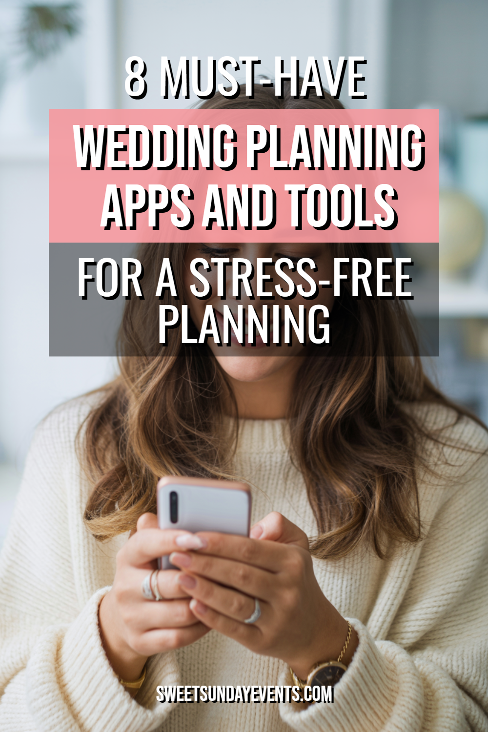 Woman using smartphone to explore wedding planning apps in cozy setting.