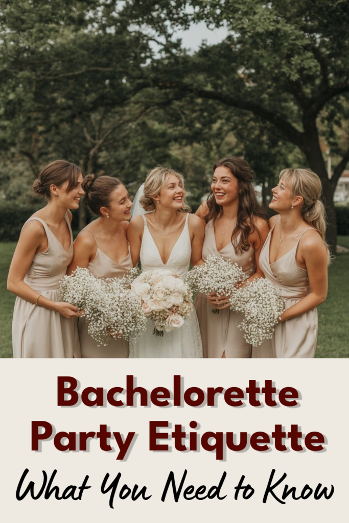 Elegant bachelorette party scene with joyful women in matching dresses holding flower bouquets.