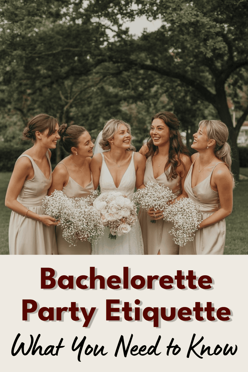 Elegant bachelorette party scene with joyful women in matching dresses holding flower bouquets.