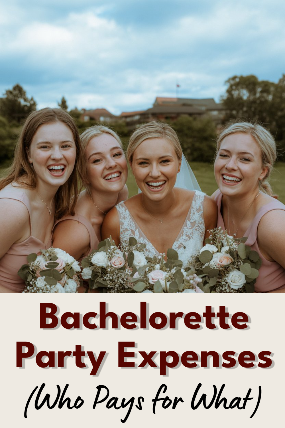 Joyful bachelorette party with the bride and friends celebrating outdoors with flowers and laughter.