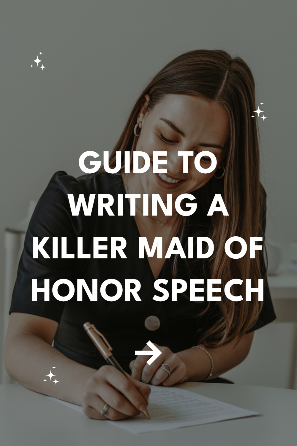 Young woman writing a maid of honor speech, focused and excited, in a chic outfit.