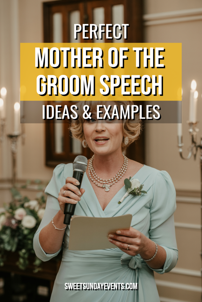 Emotional mother of the groom speech moment at a beautifully decorated wedding reception.