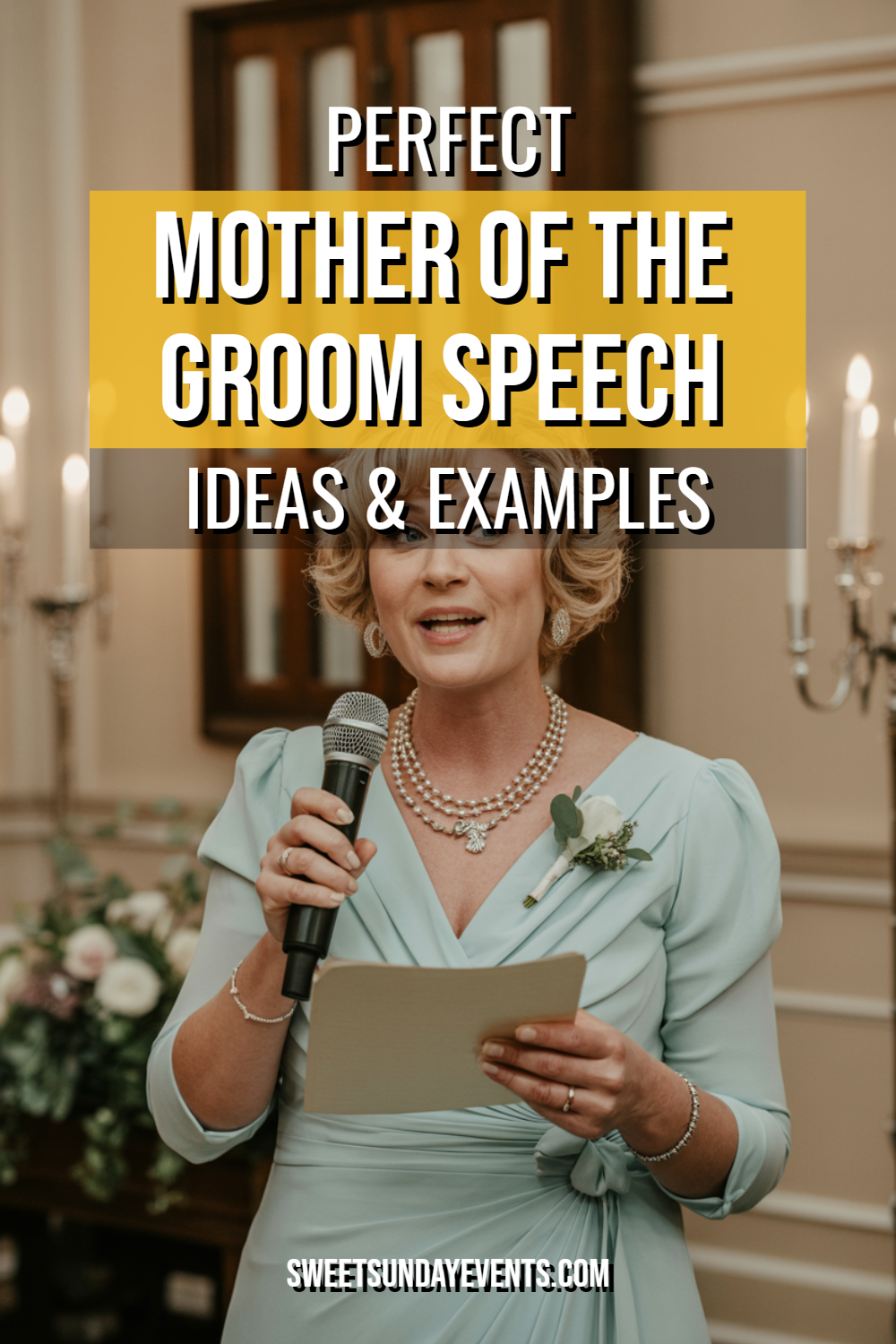 Emotional mother of the groom speech moment at a beautifully decorated wedding reception.