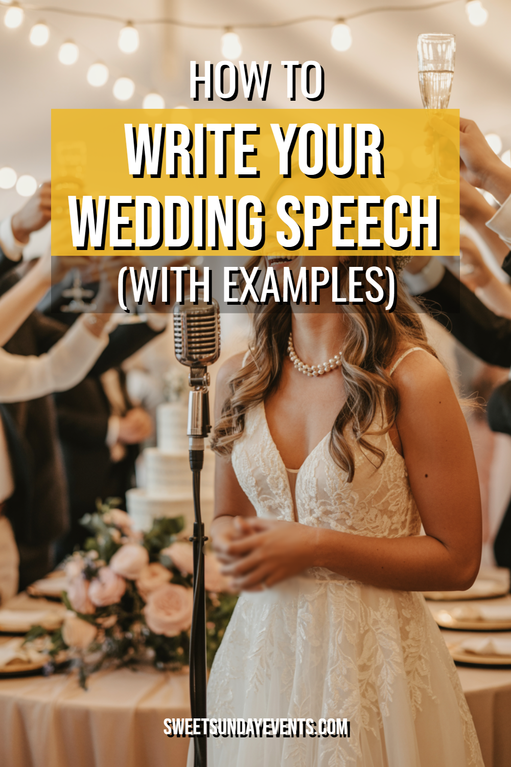 Elegant bride prepares to give a heartfelt wedding speech amidst a joyful celebration.