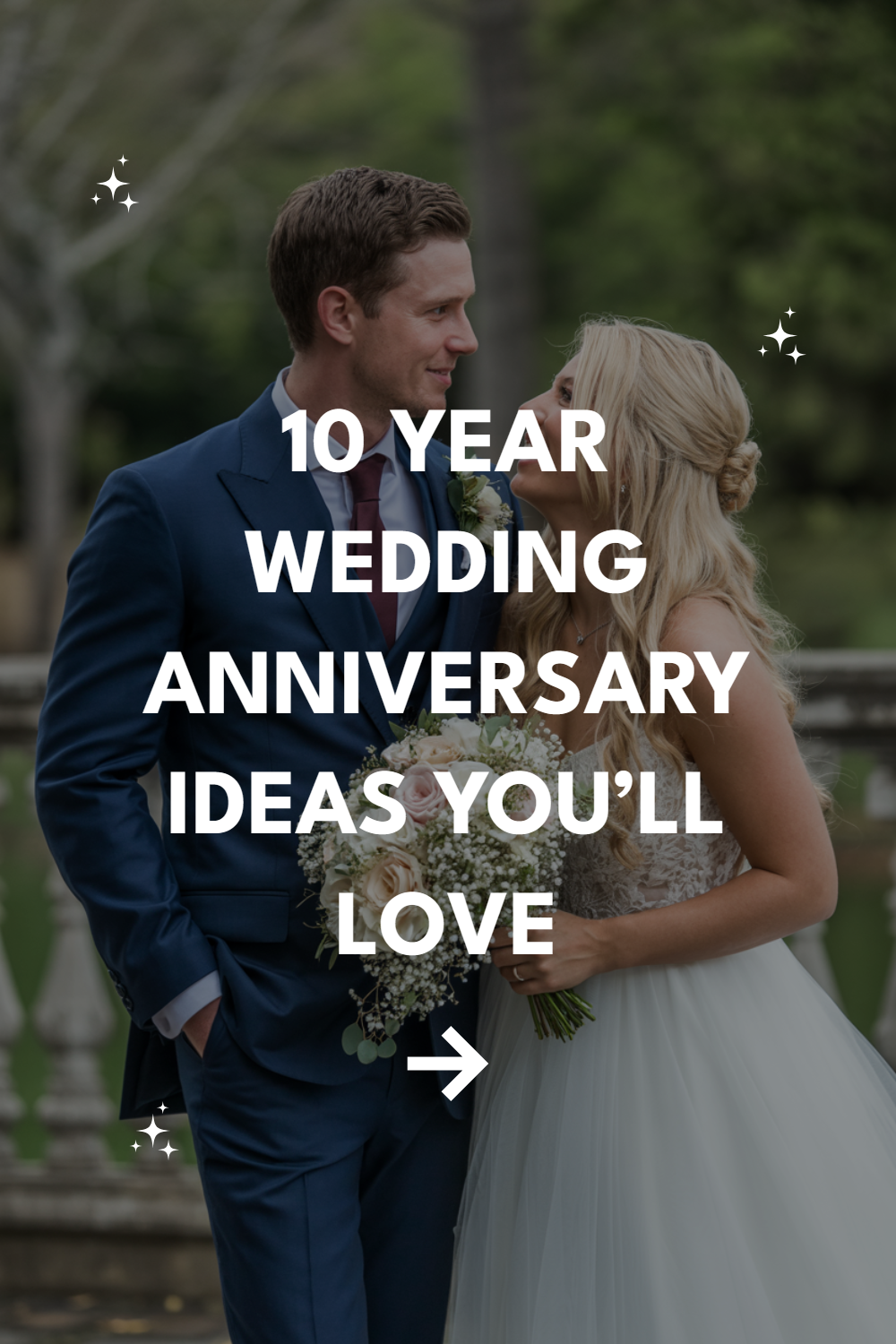 Couple celebrating 10-year wedding anniversary in elegant attire with a beautiful bouquet.