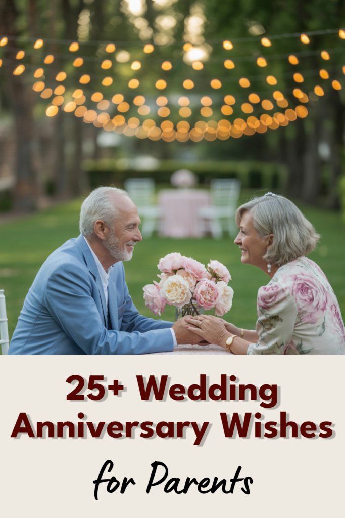 Older couple celebrating 25th anniversary outdoors, sharing love amidst flowers and twinkling lights.
