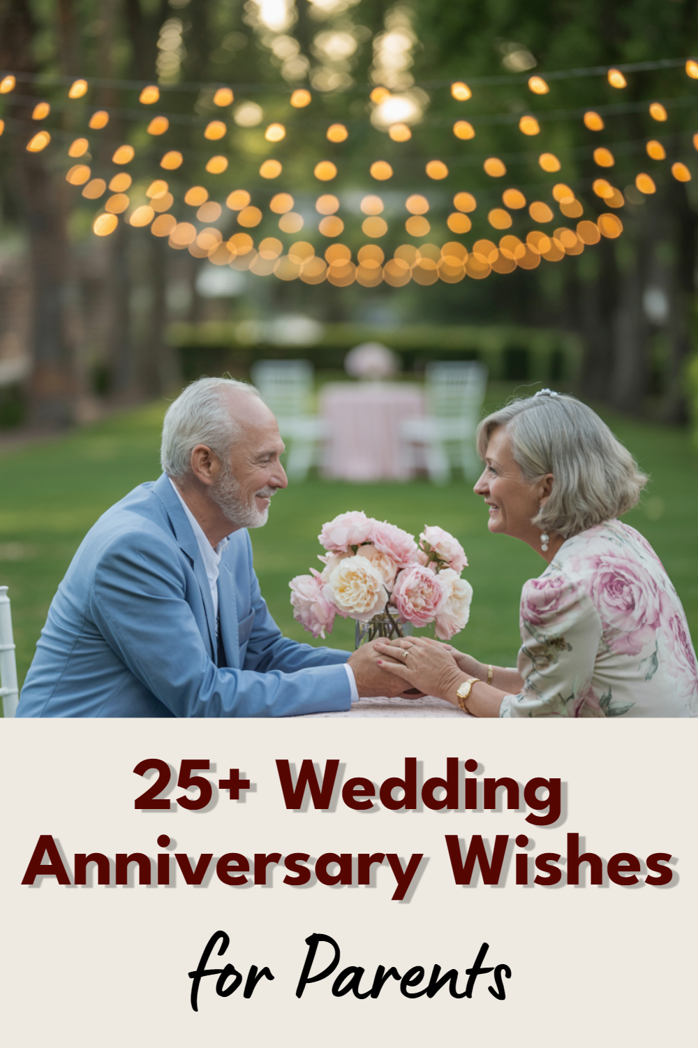 Older couple celebrating 25th anniversary outdoors, sharing love amidst flowers and twinkling lights.