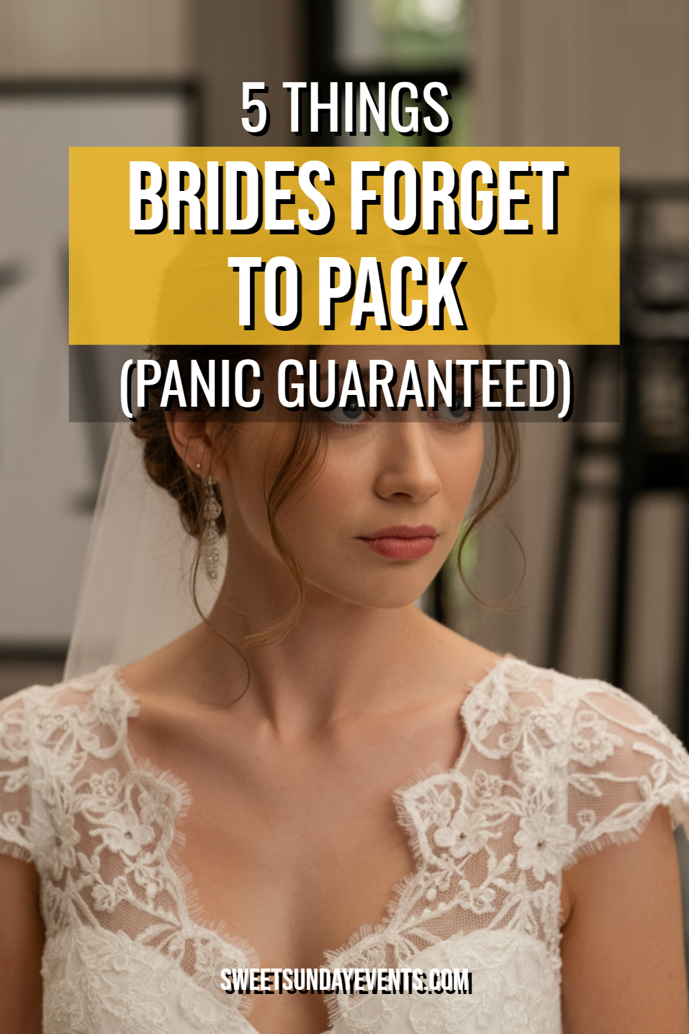 Bride in elegant gown reflecting on wedding day essentials and common packing oversights.