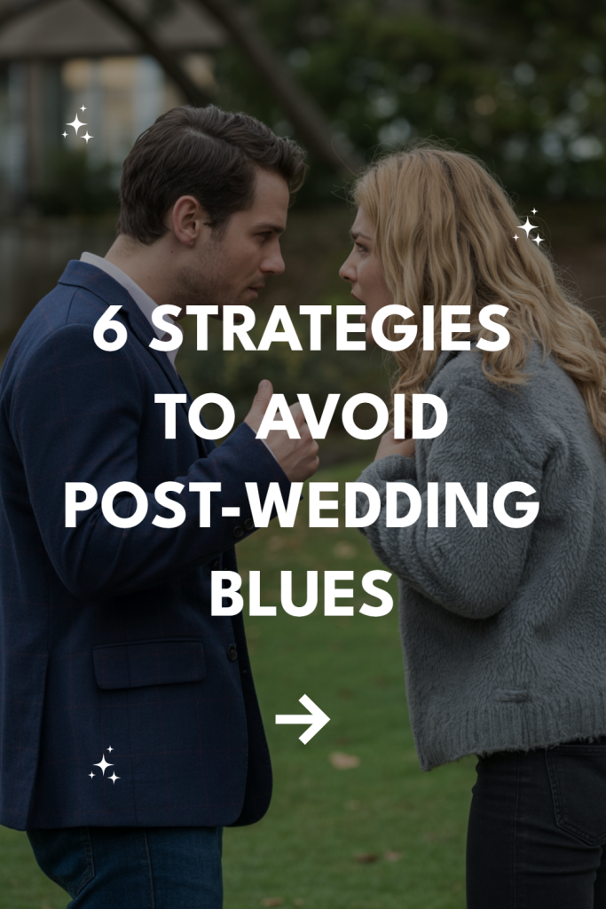 Serious couple discusses strategies to overcome post-wedding blues in a peaceful outdoor setting.