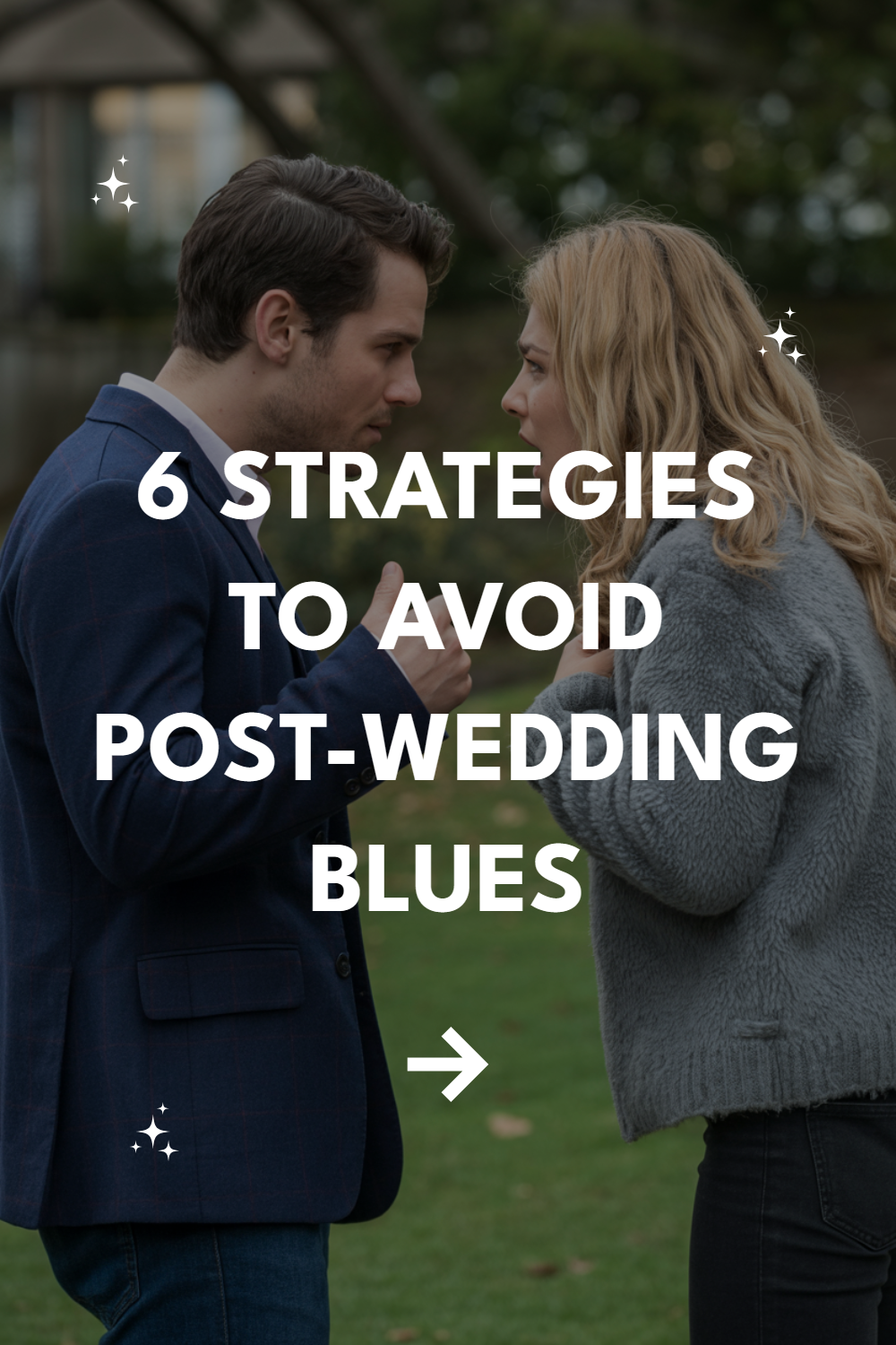 Serious couple discusses strategies to overcome post-wedding blues in a peaceful outdoor setting.