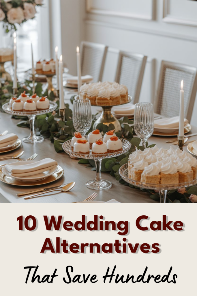Elegant wedding dessert table featuring creative cake alternatives and romantic decor for budget-friendly celebrations.