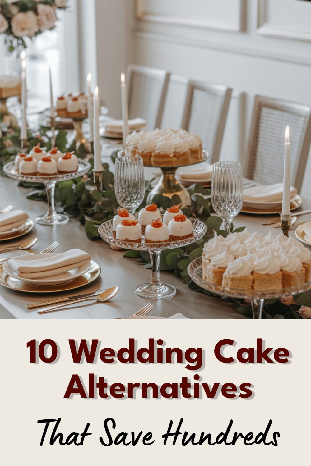 Elegant wedding dessert table featuring creative cake alternatives and romantic decor for budget-friendly celebrations.