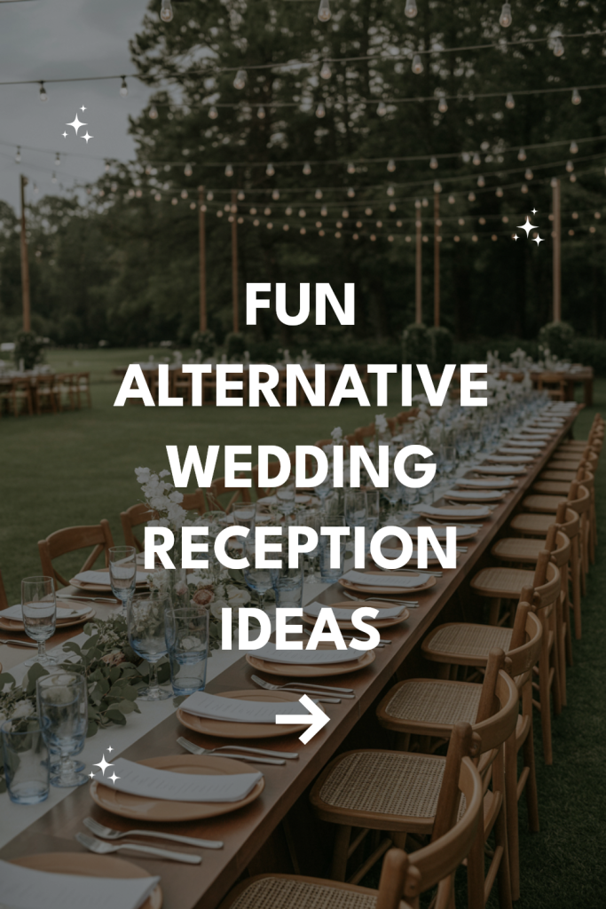 Enchanting outdoor wedding reception with rustic tables, elegant decor, and twinkling string lights.