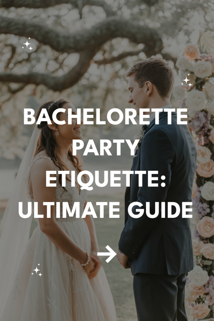 Bachelorette party celebration with couple, floral backdrop, and etiquette guide for memorable events.