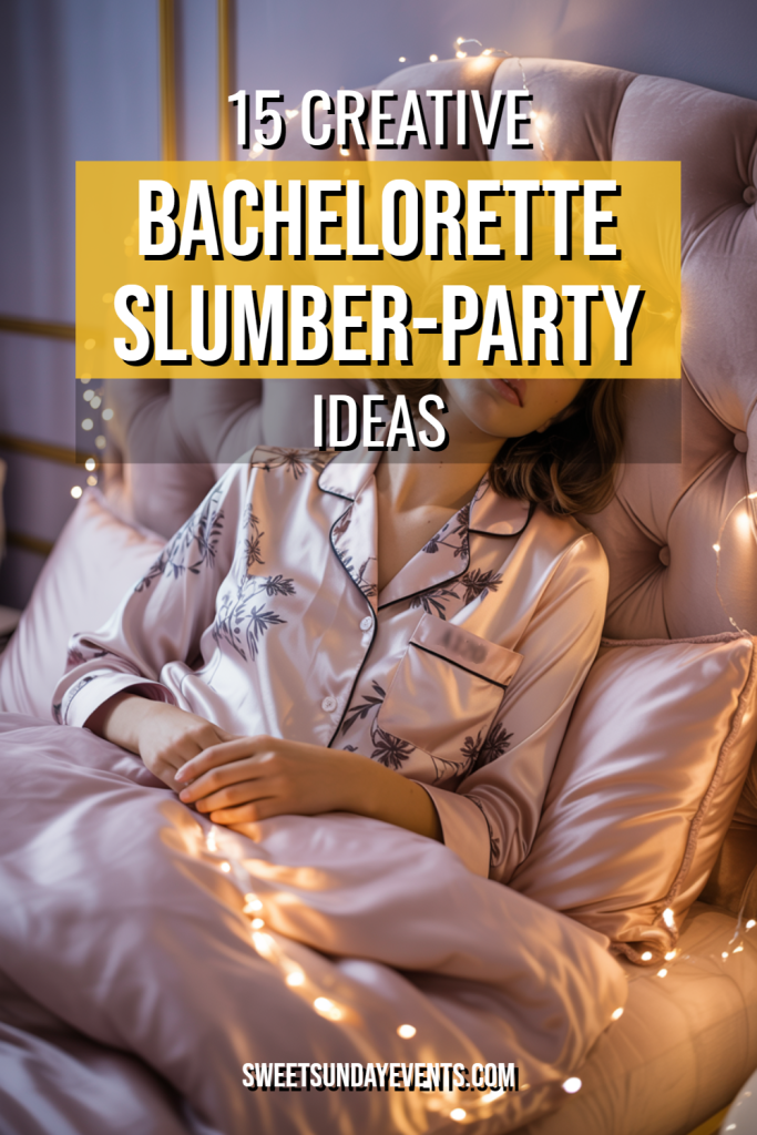 Cozy bachelorette slumber party scene with elegant pajamas and enchanting fairy lights.