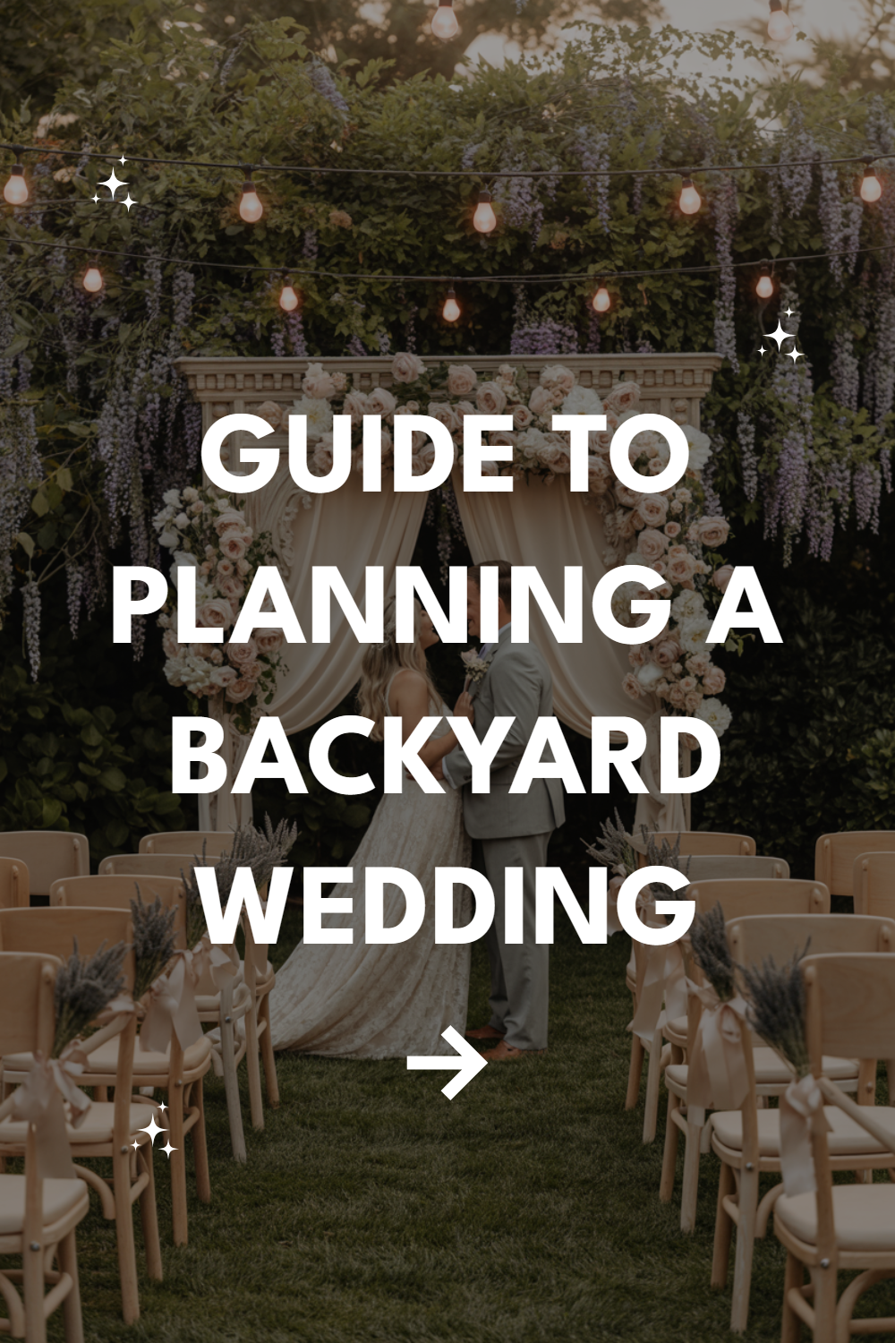 Backyard wedding scene with elegant altar, lush decor, and romantic couple at sunset.