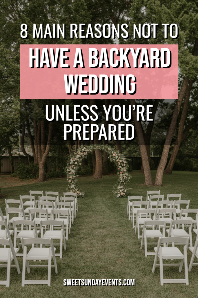 Beautiful backyard wedding setup with chairs, floral arch, and greenery for an intimate ceremony.