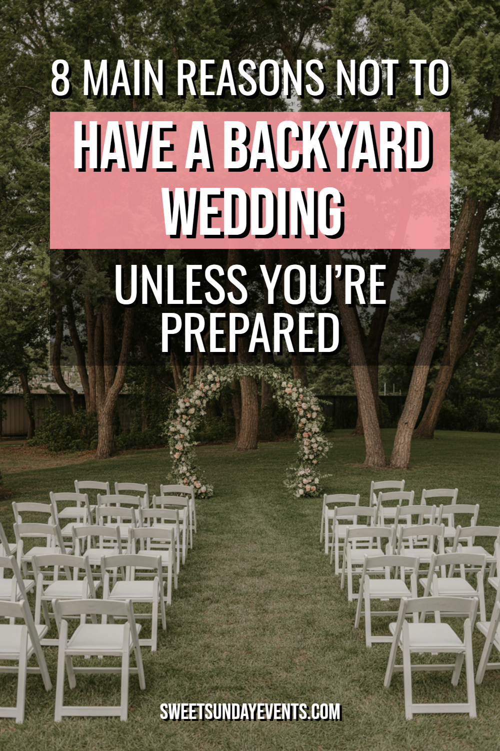 Beautiful backyard wedding setup with chairs, floral arch, and greenery for an intimate ceremony.