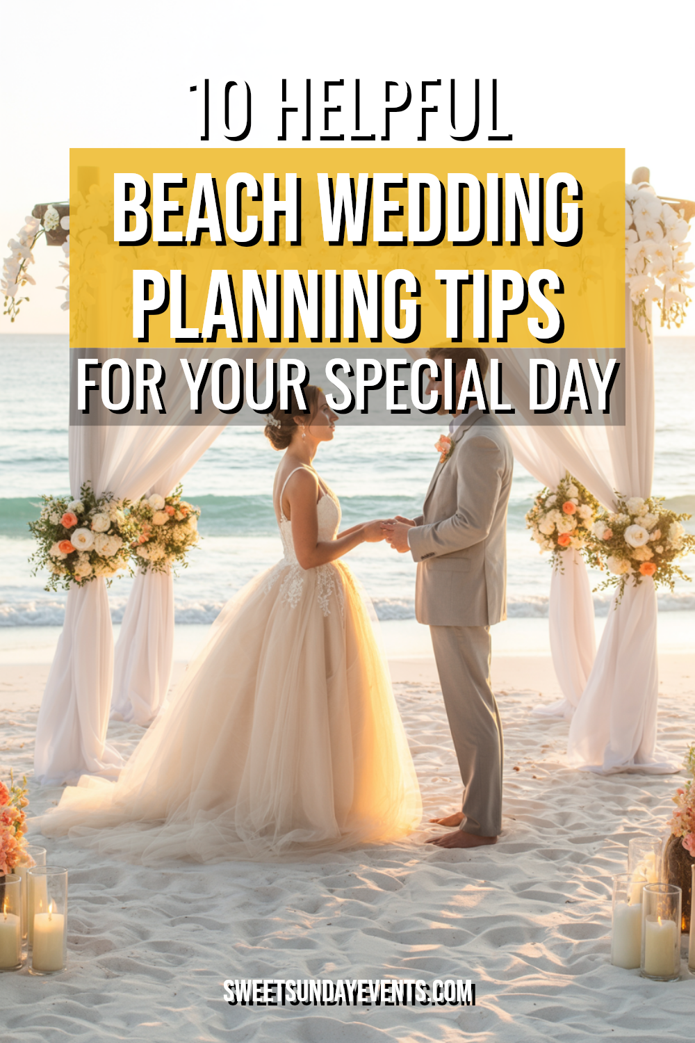 Romantic beach wedding ceremony with couple, elegant decor, and stunning ocean sunset backdrop.