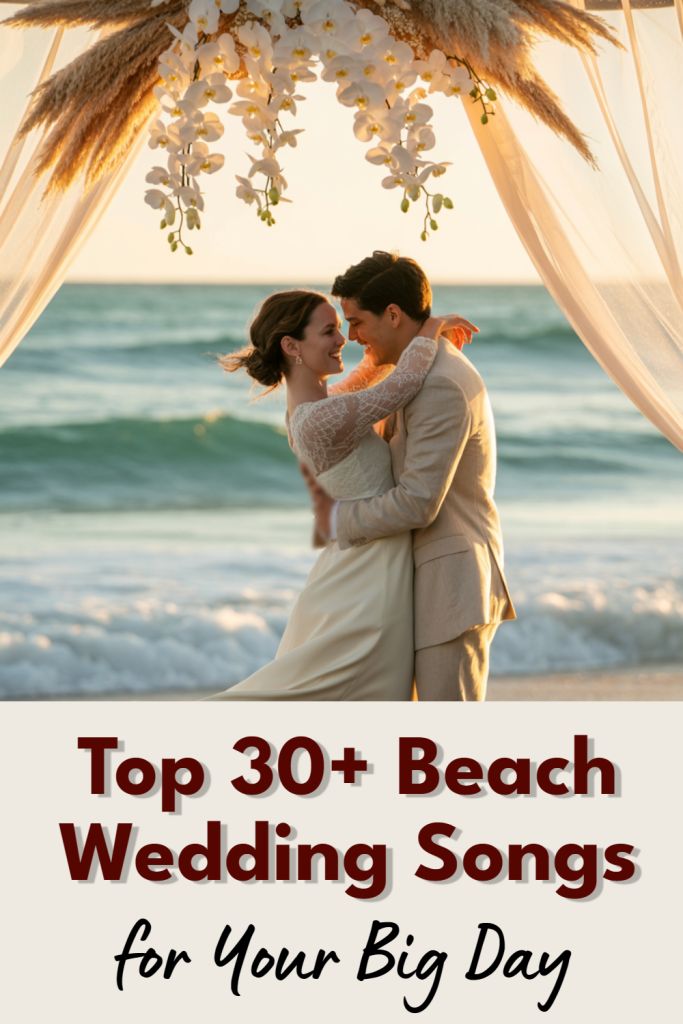 Romantic beach wedding couple embracing at sunset with elegant decor and ocean backdrop.