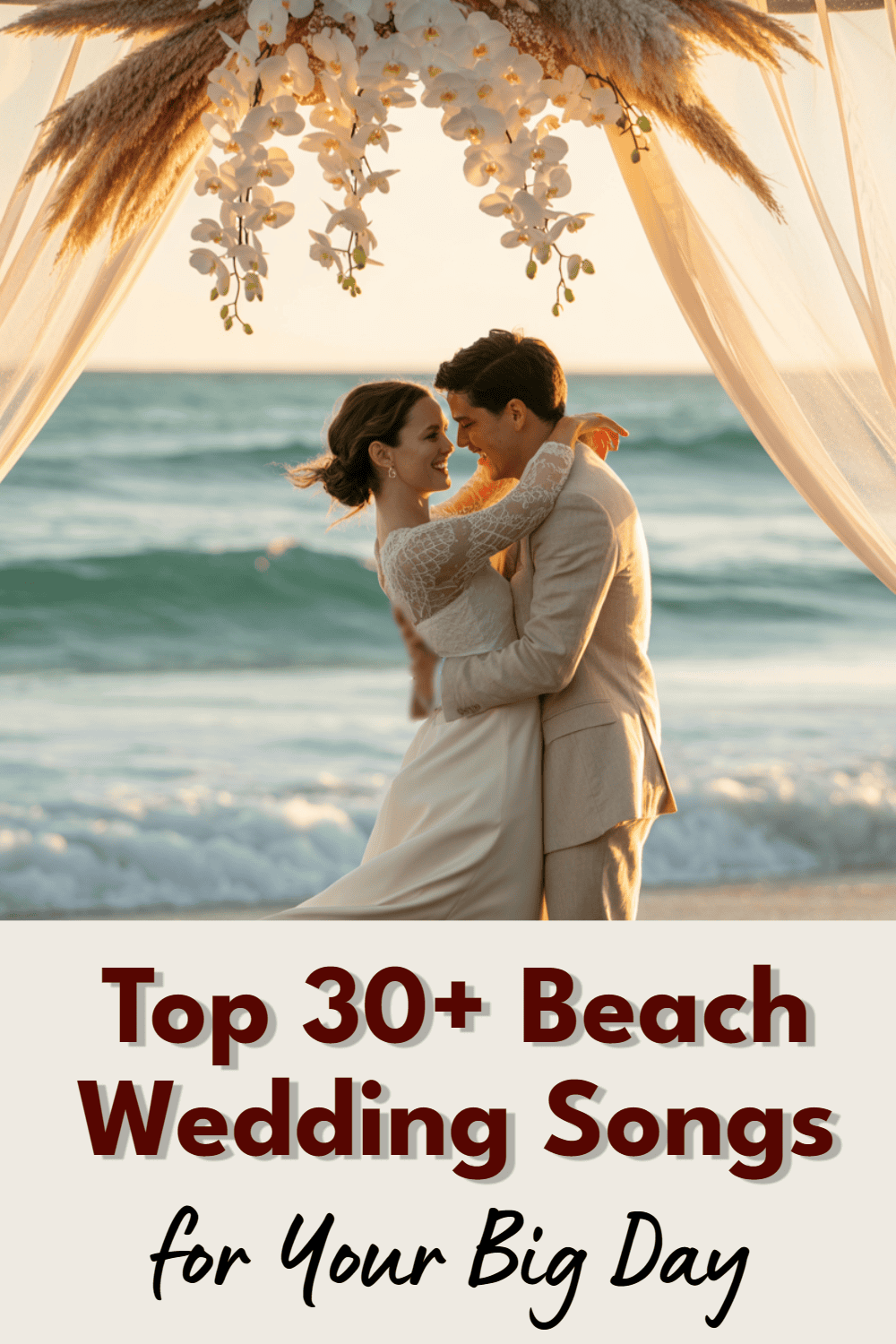 Romantic beach wedding couple embracing at sunset with elegant decor and ocean backdrop.