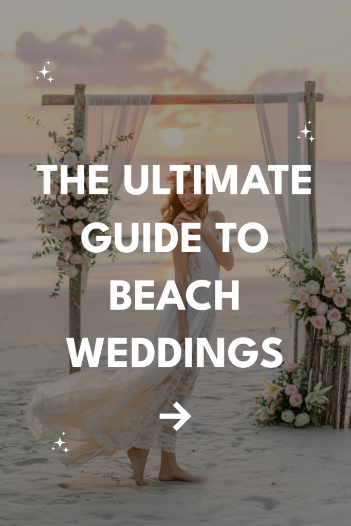 Stunning beach wedding scene featuring a bride, romantic arch, and sunset backdrop.