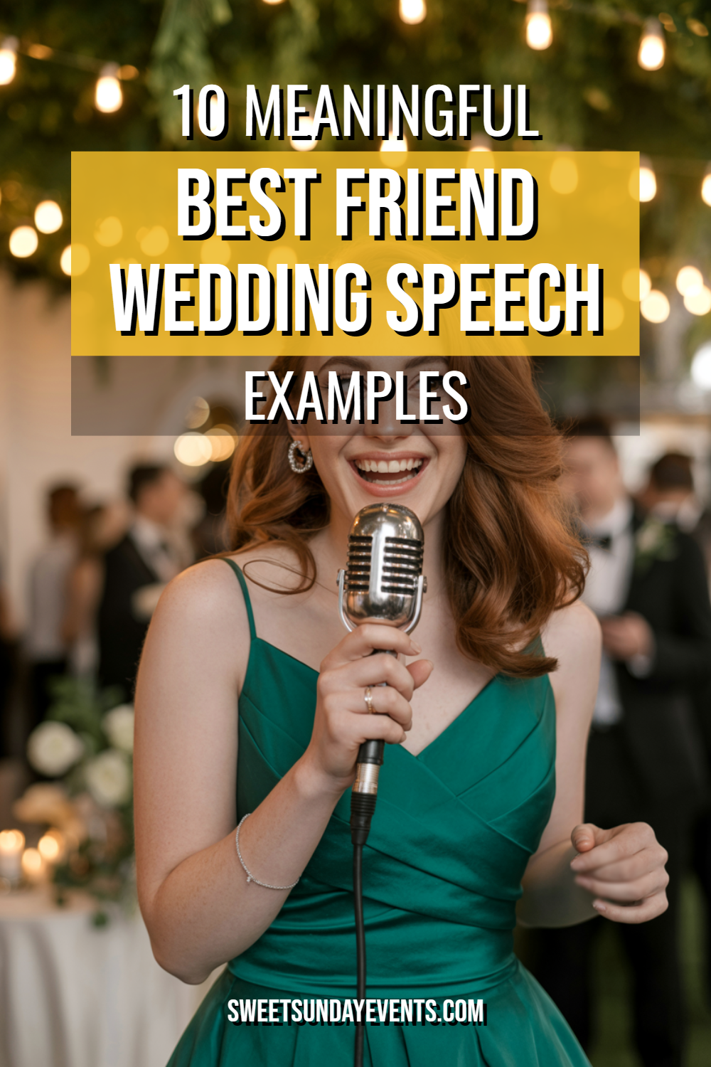 Best friend delivering heartfelt wedding speech in elegant dress, creating joyful celebration atmosphere.