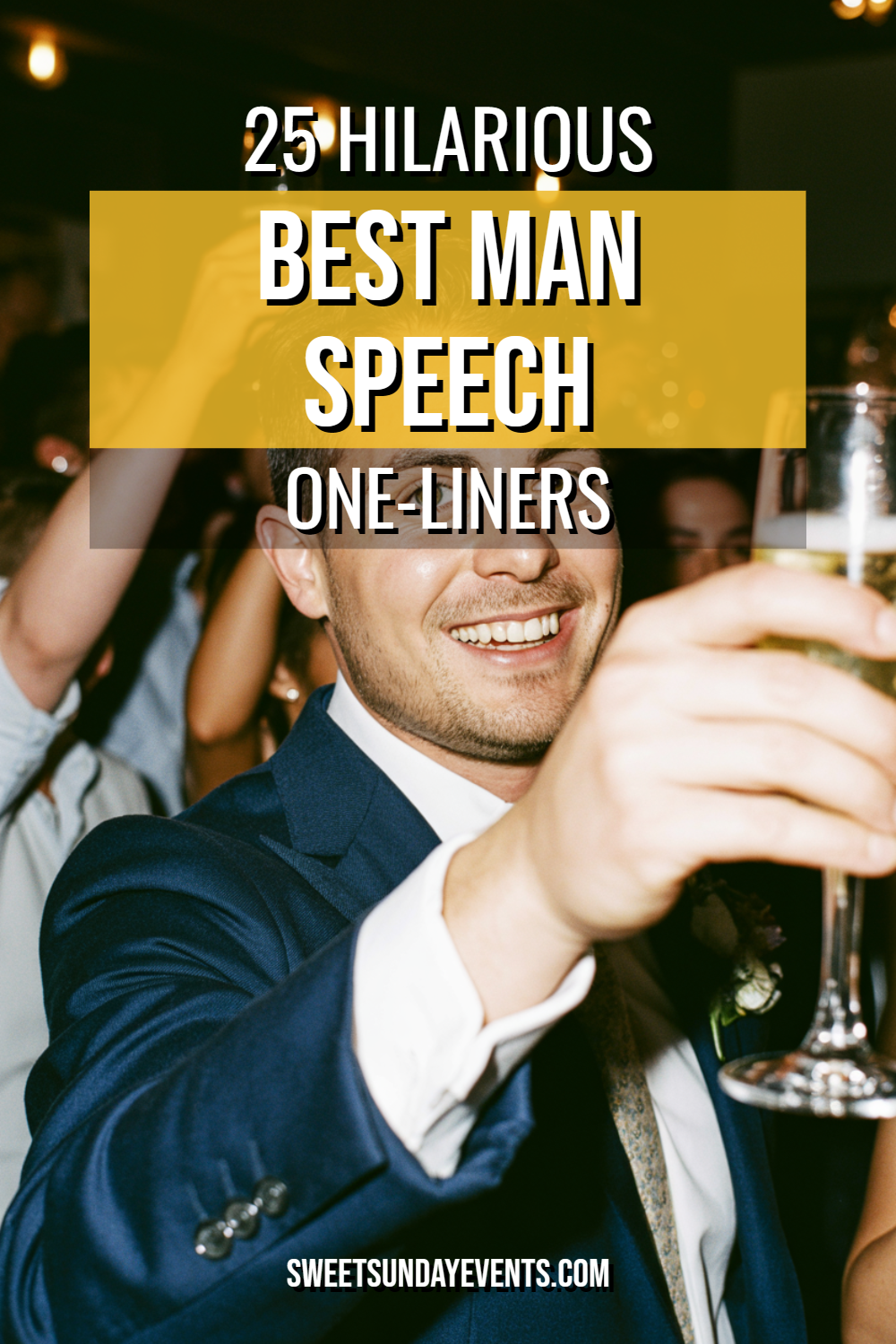 Joyful best man toasting at a wedding, celebrating love and laughter with friends.