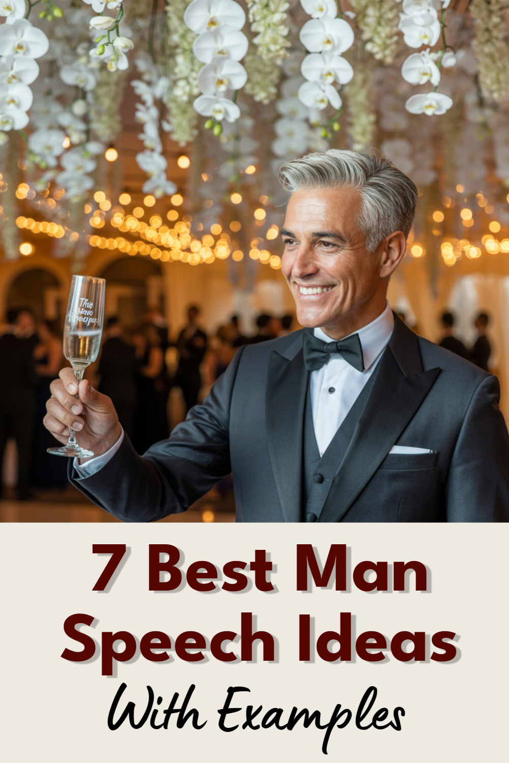 Elegant wedding toast by best man amid beautiful decor and joyful guests.