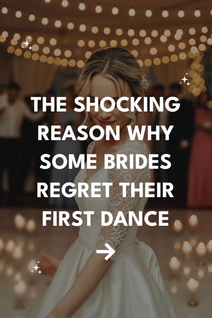 Bride in elegant gown reflects on first dance regrets amid a beautiful wedding celebration.