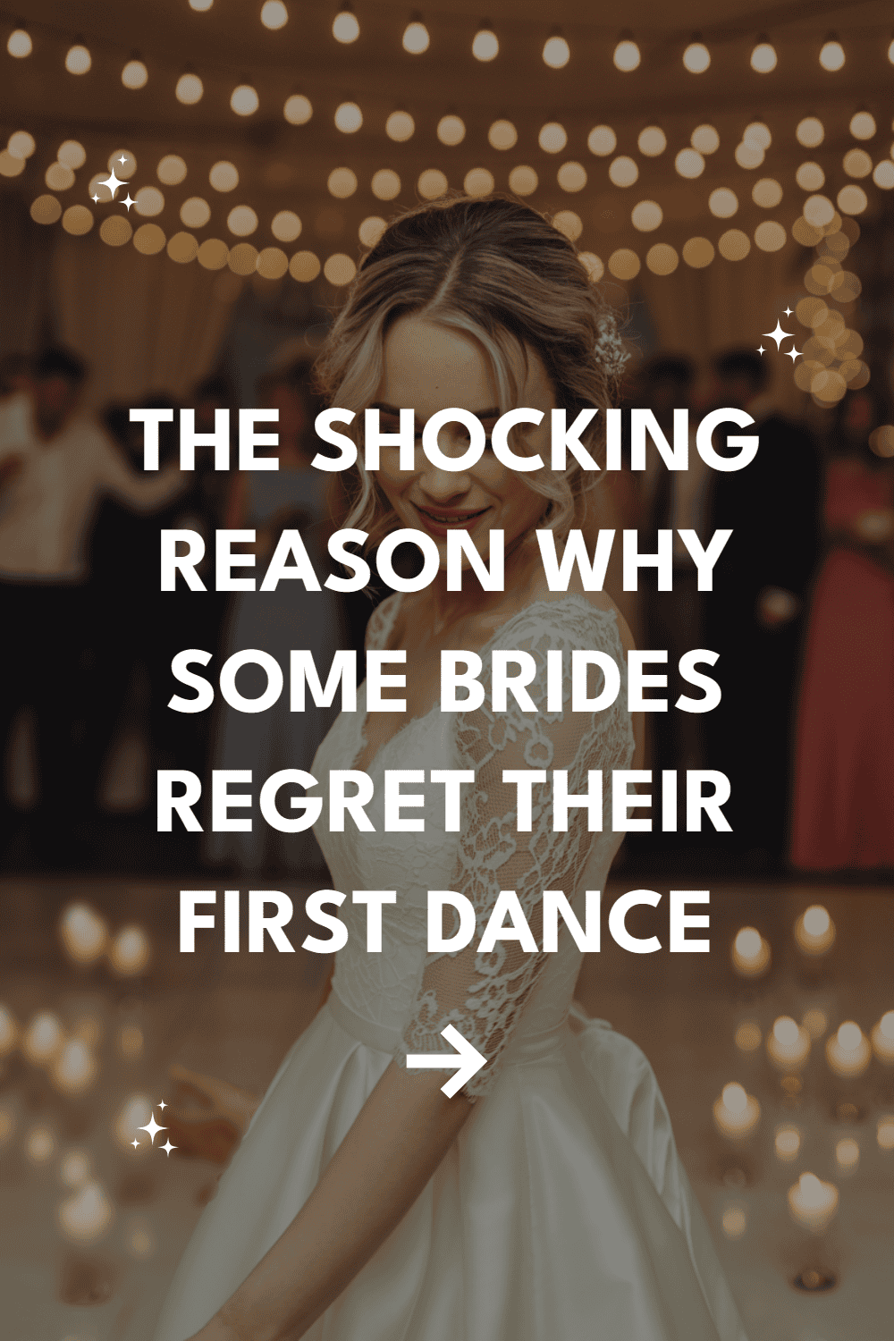 Bride in elegant gown reflects on first dance regrets amid a beautiful wedding celebration.