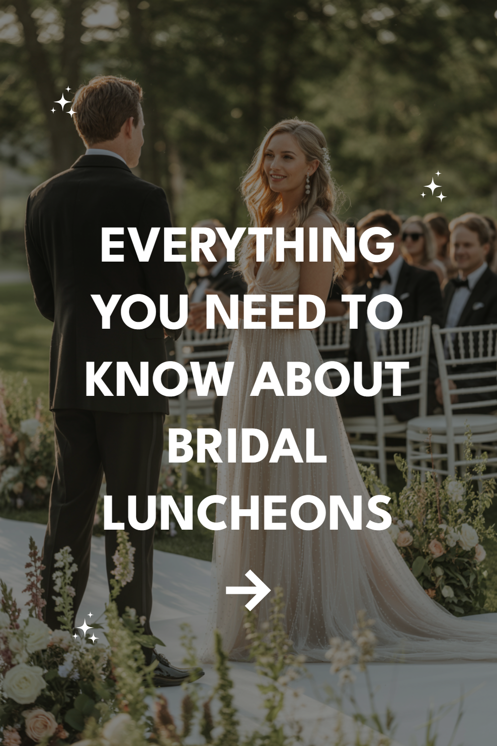 Romantic outdoor wedding scene showcasing a bride and groom surrounded by lush greenery and floral decor.