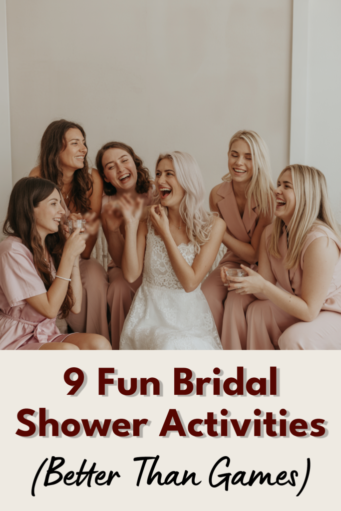 Joyful bridal shower celebration with friends, featuring a bride in a white gown and drinks.