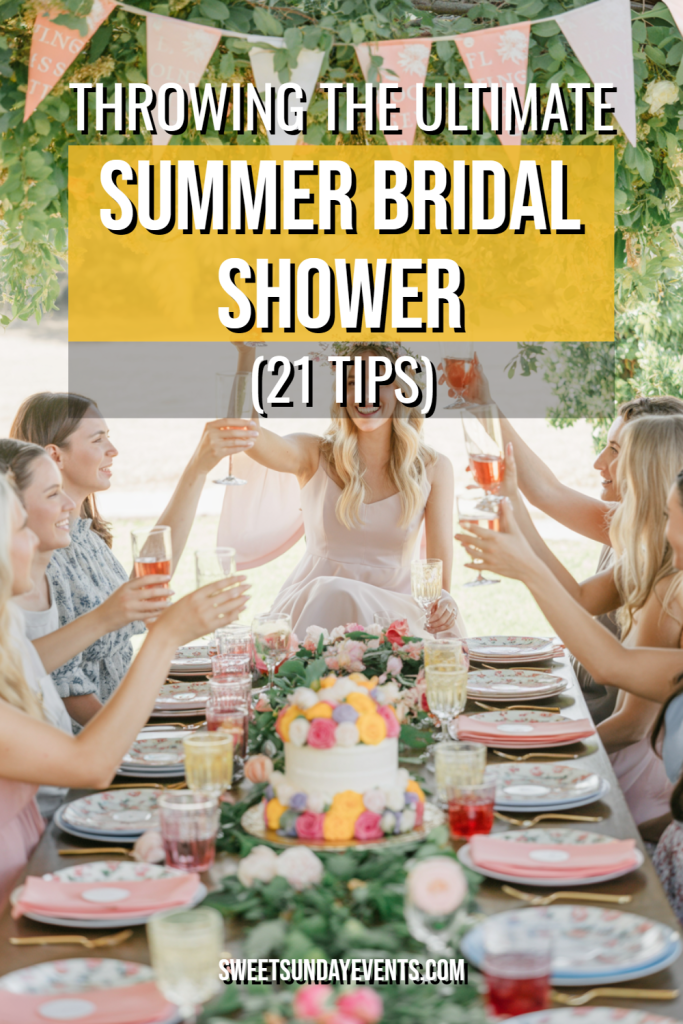 Joyful summer bridal shower with women celebrating, elegant table, and vibrant floral decorations.