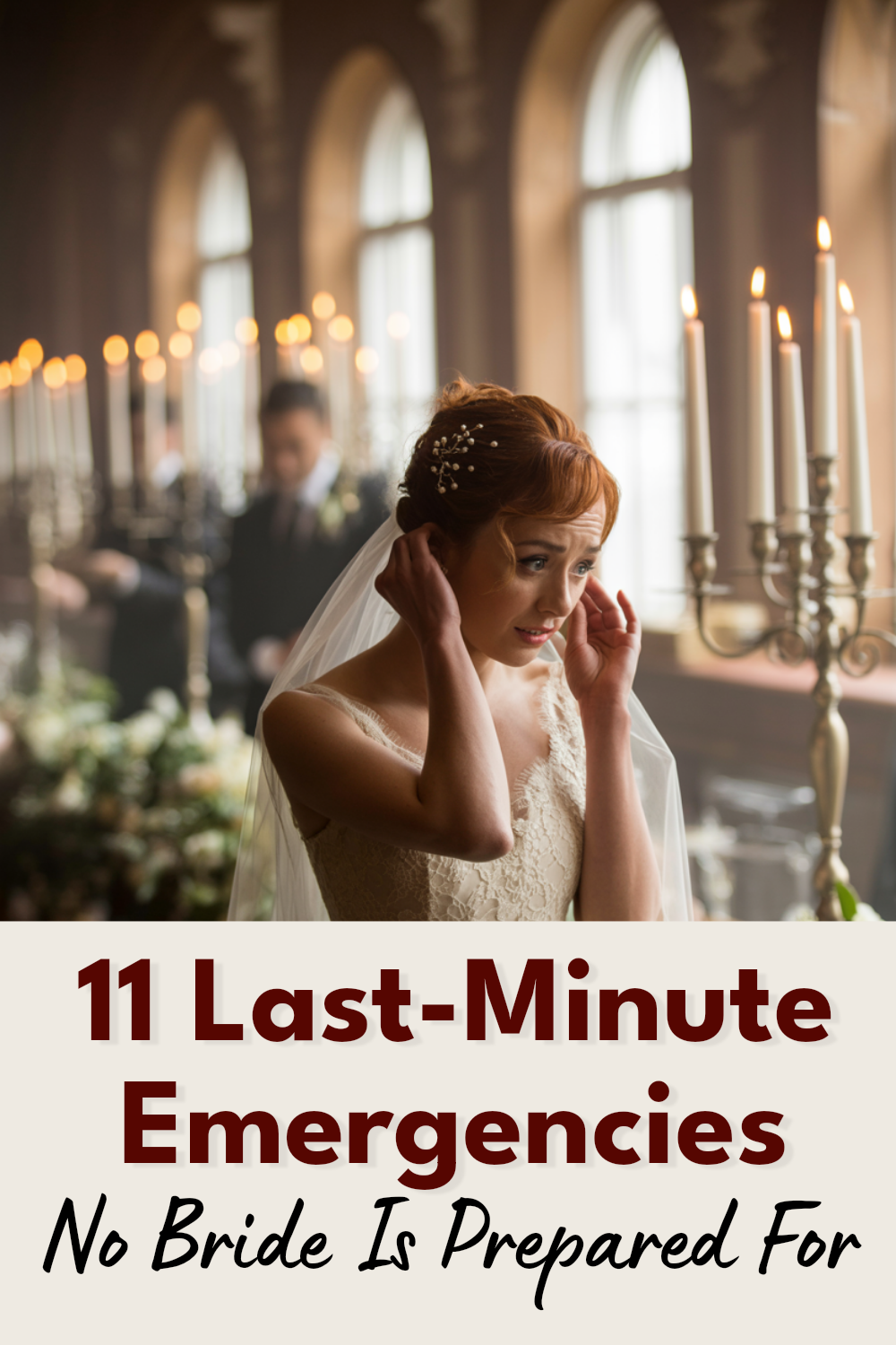 Bride experiencing anxiety in stunning wedding gown during preparations.
