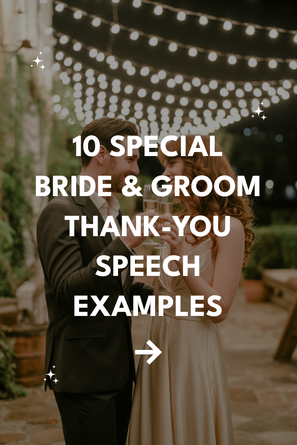 Romantic bride and groom celebrating with a toast under string lights.