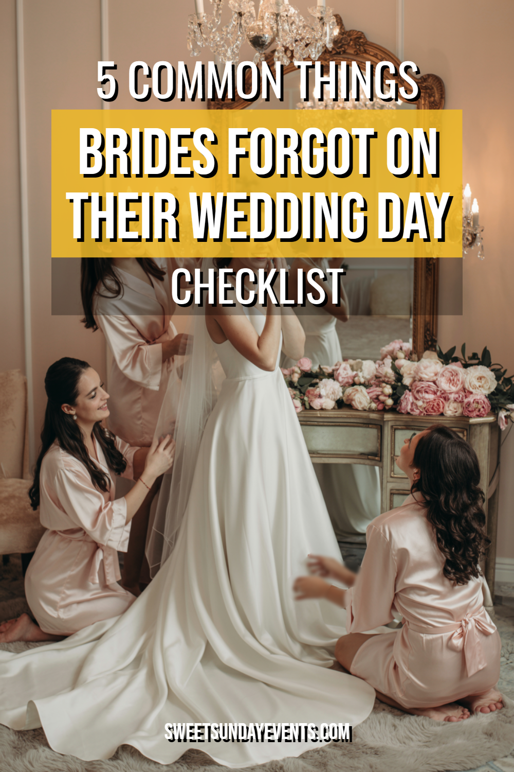 Bride in elegant gown with bridesmaids, preparing for wedding day in a beautiful suite.