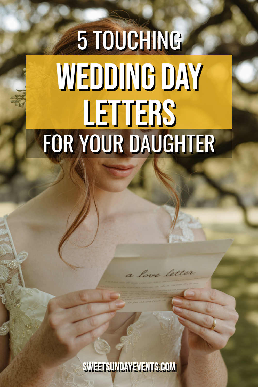 Bride reading a heartfelt love letter in a romantic outdoor setting on her wedding day.