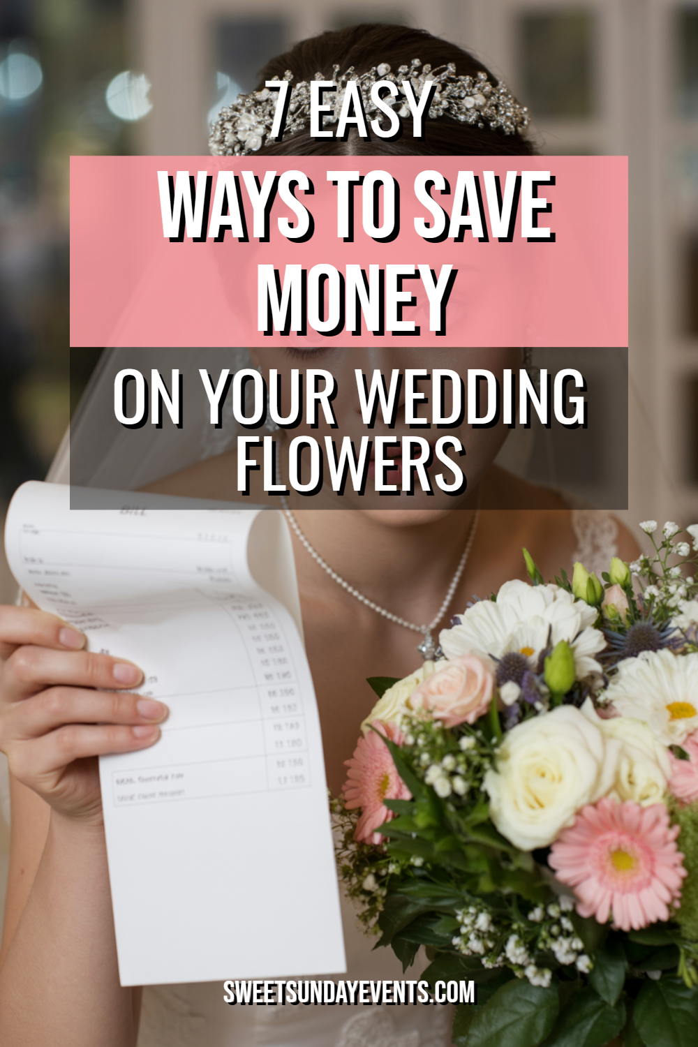 Bride holding bouquet and receipt, balancing wedding beauty and budgeting tips.