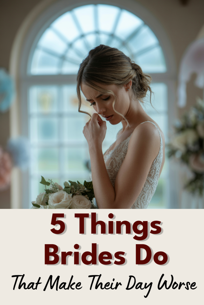 Bride in contemplation on her wedding day, holding white roses amidst emotional reflections.