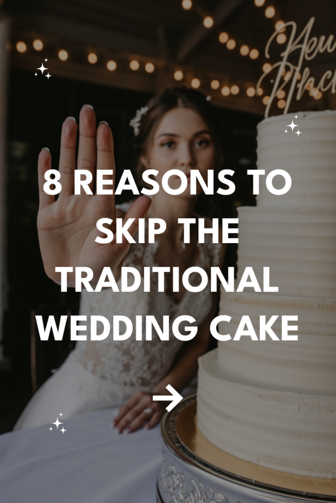 Bride playfully rejecting traditional wedding cake, embracing unique dessert options for modern weddings.
