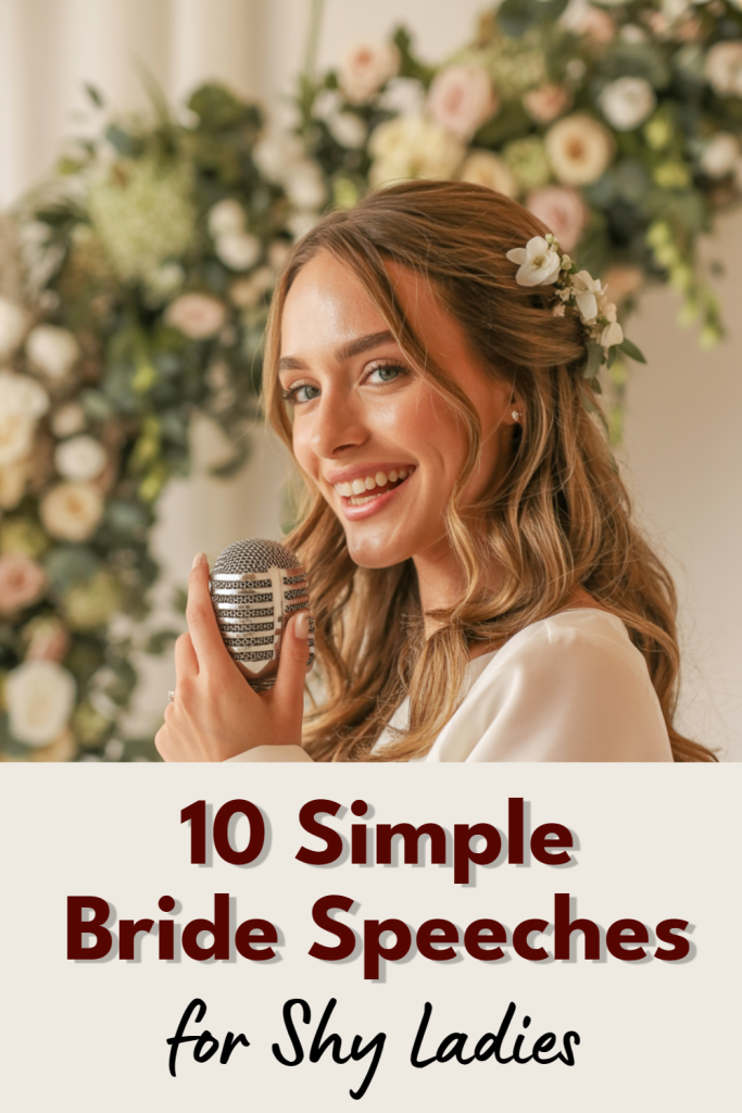 Joyful bride with vintage microphone offers tips for shy brides on speeches and confidence.