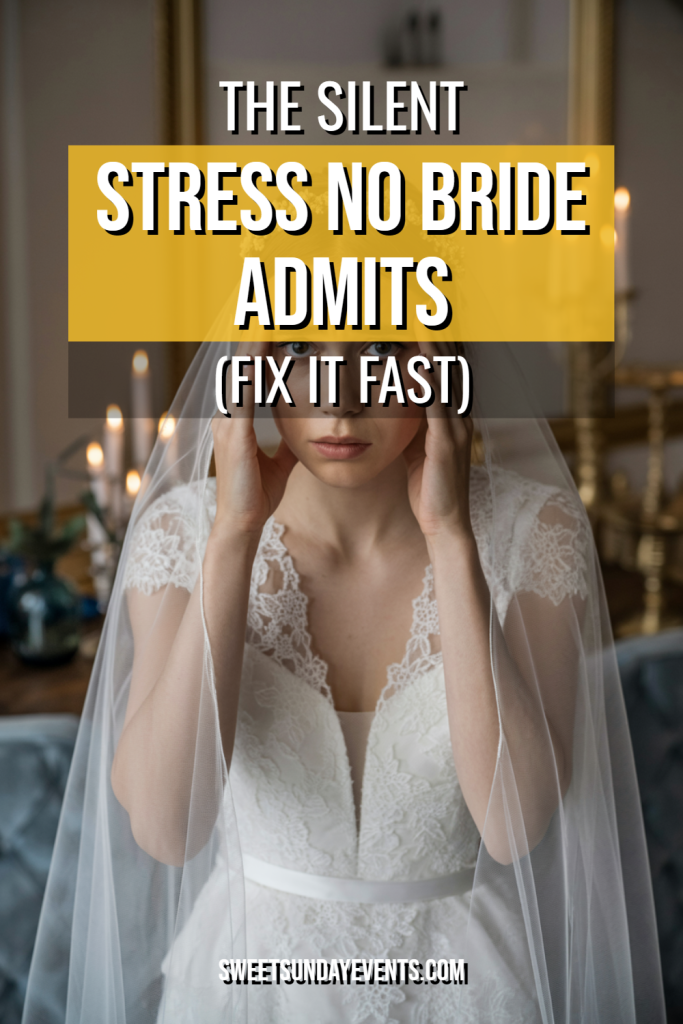 Bride in contemplation, overwhelmed by wedding stress in an elegant, romantic setting.