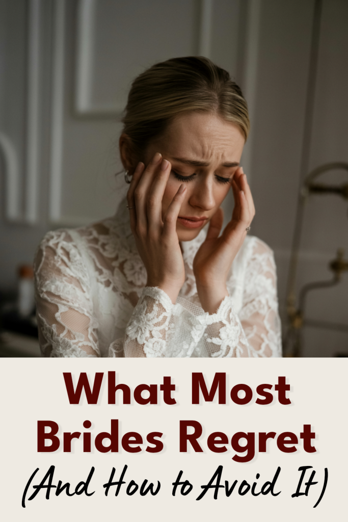 Bride reflecting on wedding stress and regrets in elegant lace gown, capturing emotional turmoil.