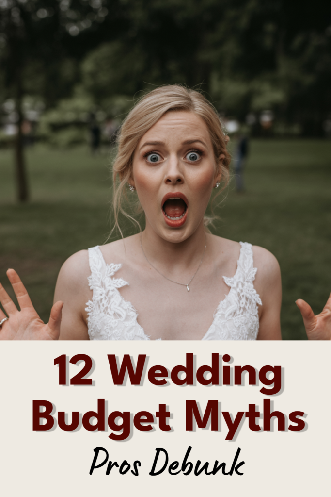Surprised bride in gown debunks wedding budget myths in lush park setting.
