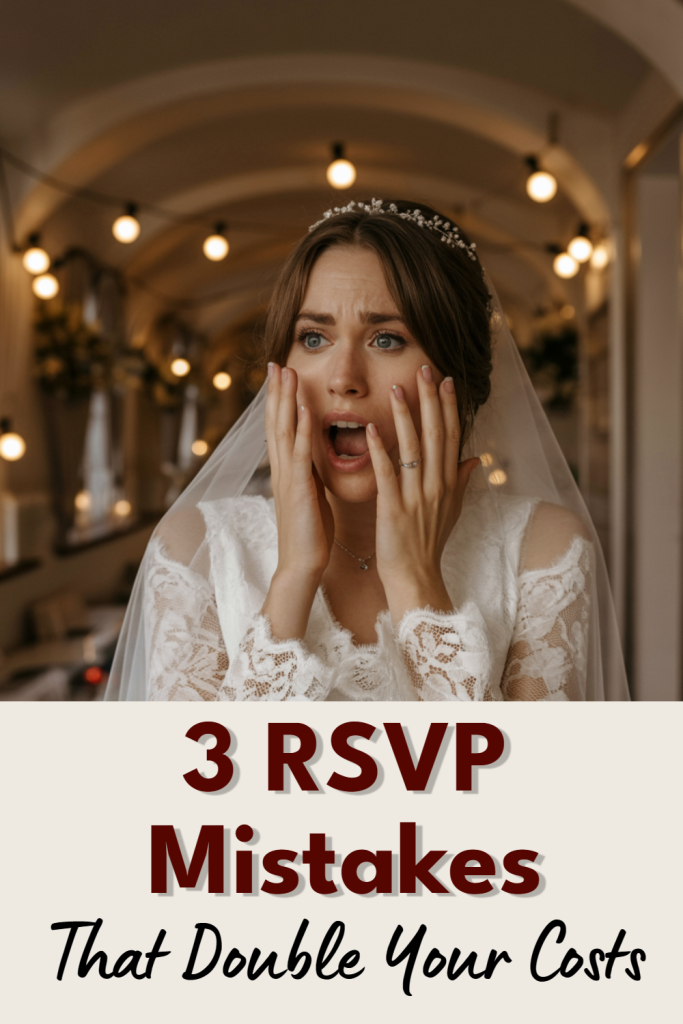 Stressed bride in gown realizes RSVP mistakes impacting wedding costs and planning.