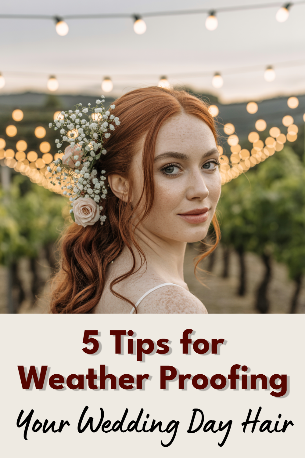 Bride in vineyard with wedding hair tips set against a romantic, twinkling backdrop.
